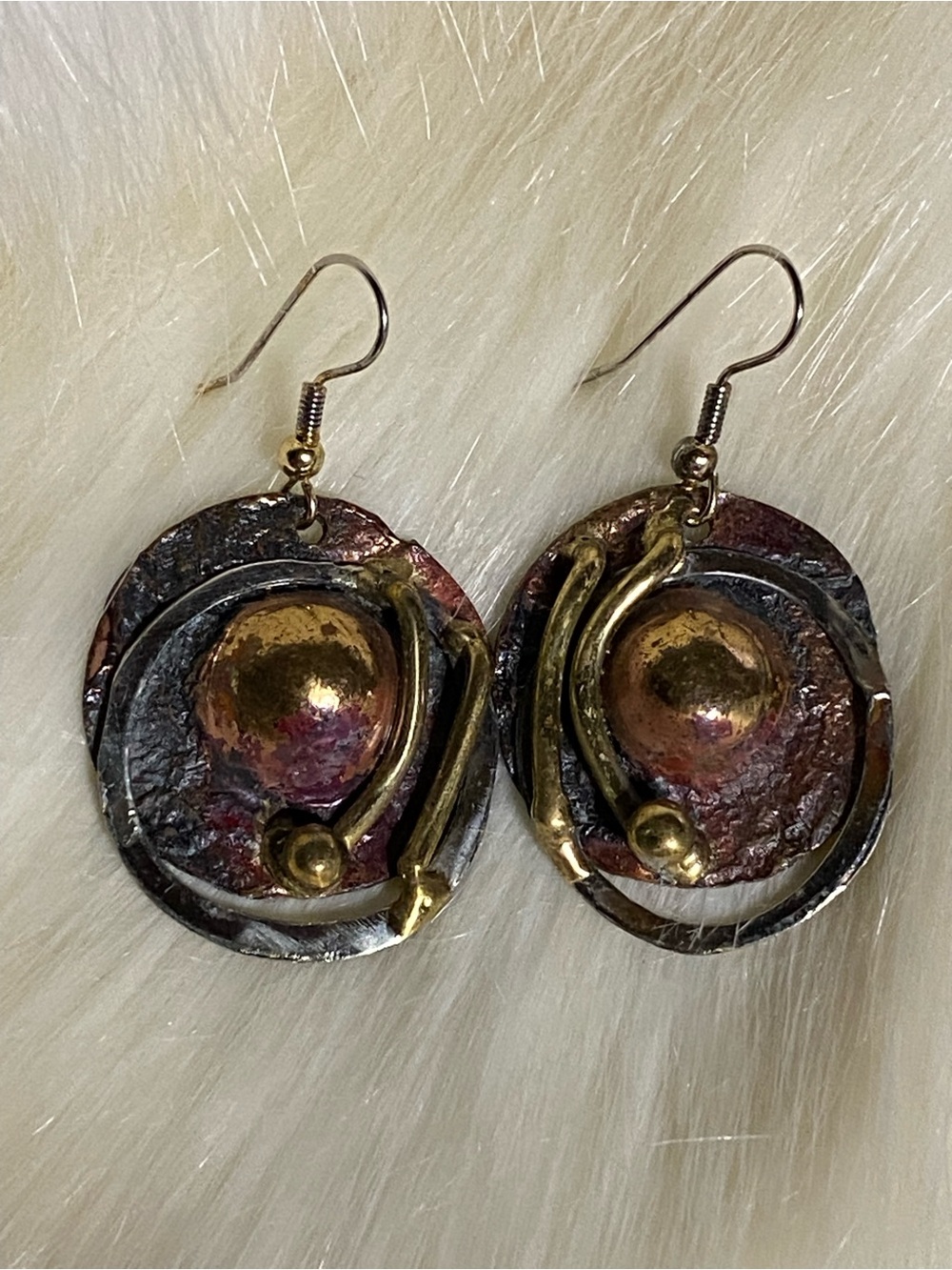 Artisan Mixed Metal Round Drop Earrings in Copper and Gold